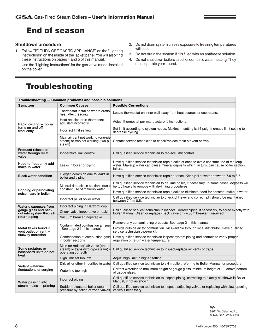 Honeywell RVGP manual End of season, Troubleshooting, Shutdown procedure 