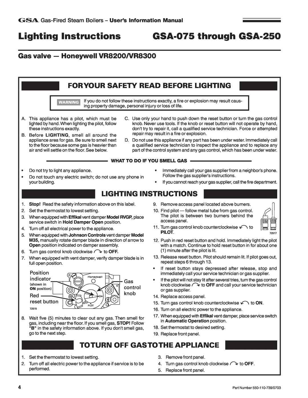 Honeywell RVGP manual Lighting Instructions GSA-075 through GSA-250, Gas valve - Honeywell VR8200/VR8300, Pilot 