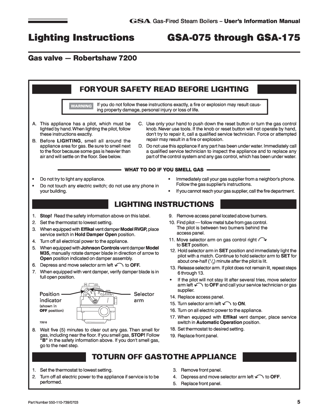 Honeywell RVGP Lighting Instructions, GSA-075 through GSA-175, Gas valve - Robertshaw, Foryour Safety Read Before Lighting 