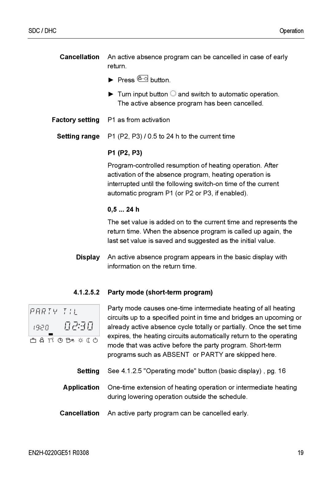 Honeywell SDC manual P1 P2, P3, Party mode short-term program 