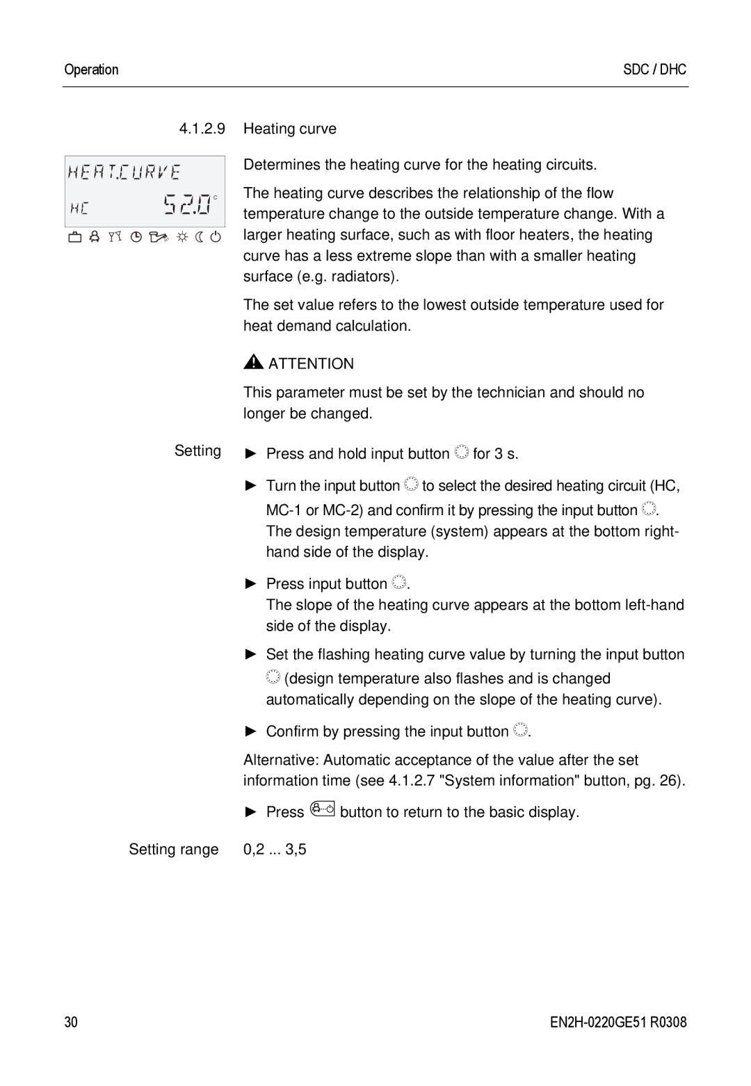 Honeywell SDC manual Setting Setting range Heating curve 