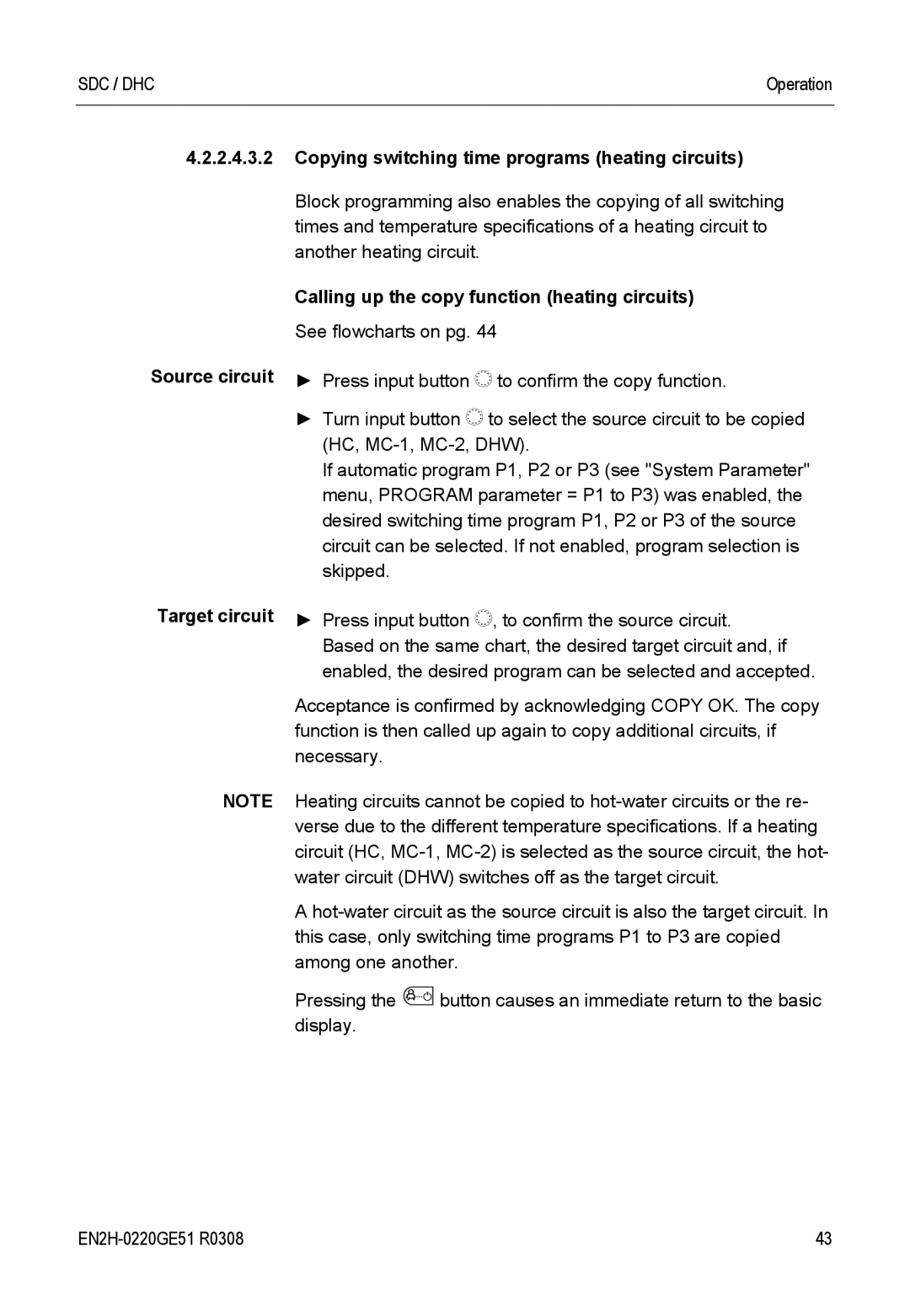 Honeywell SDC manual Calling up the copy function heating circuits 