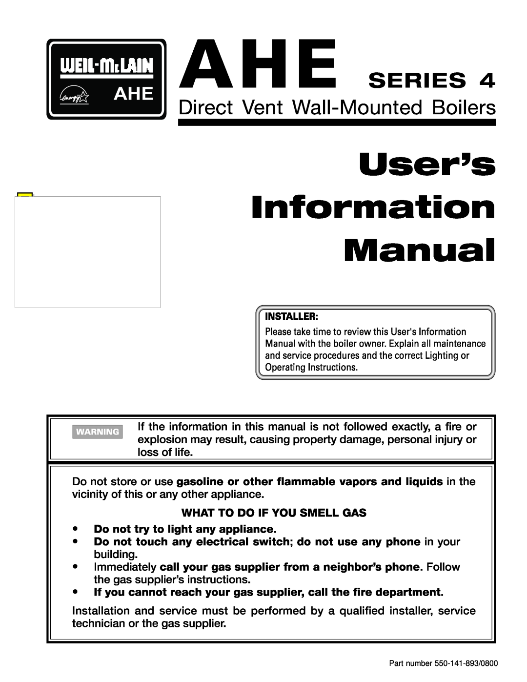 Honeywell Series 4 manual User’s Information Manual, Ahe Series, Direct Vent Wall-Mounted Boilers 