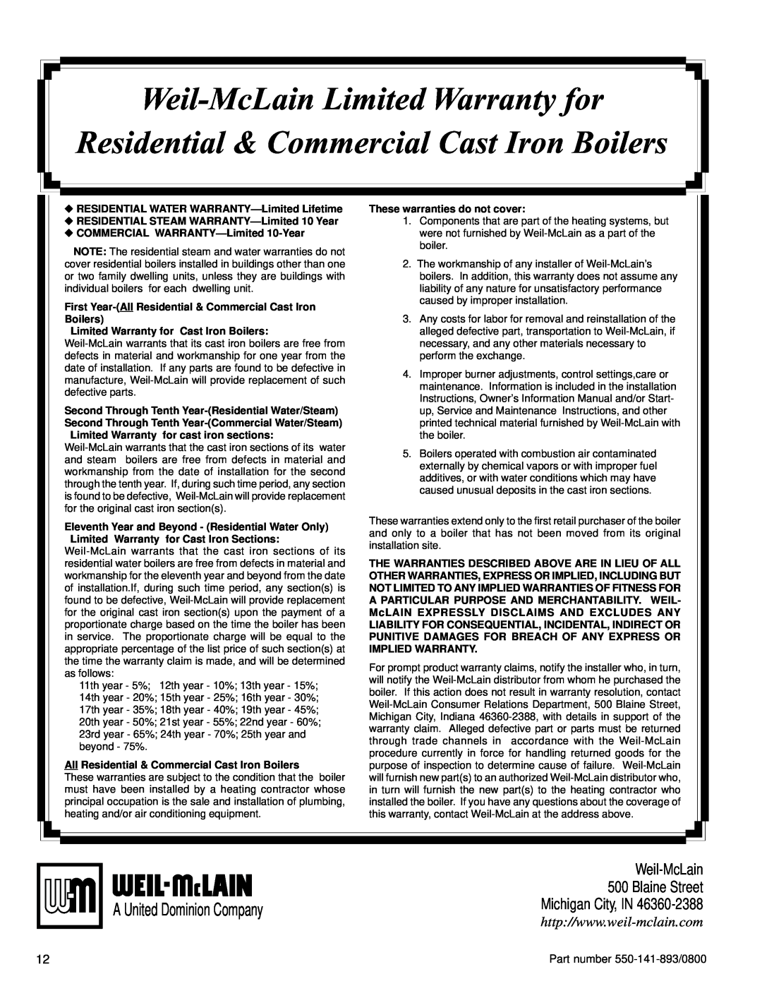 Honeywell Series 4 Weil-McLain Limited Warranty for, Residential & Commercial Cast Iron Boilers, A United Dominion Company 