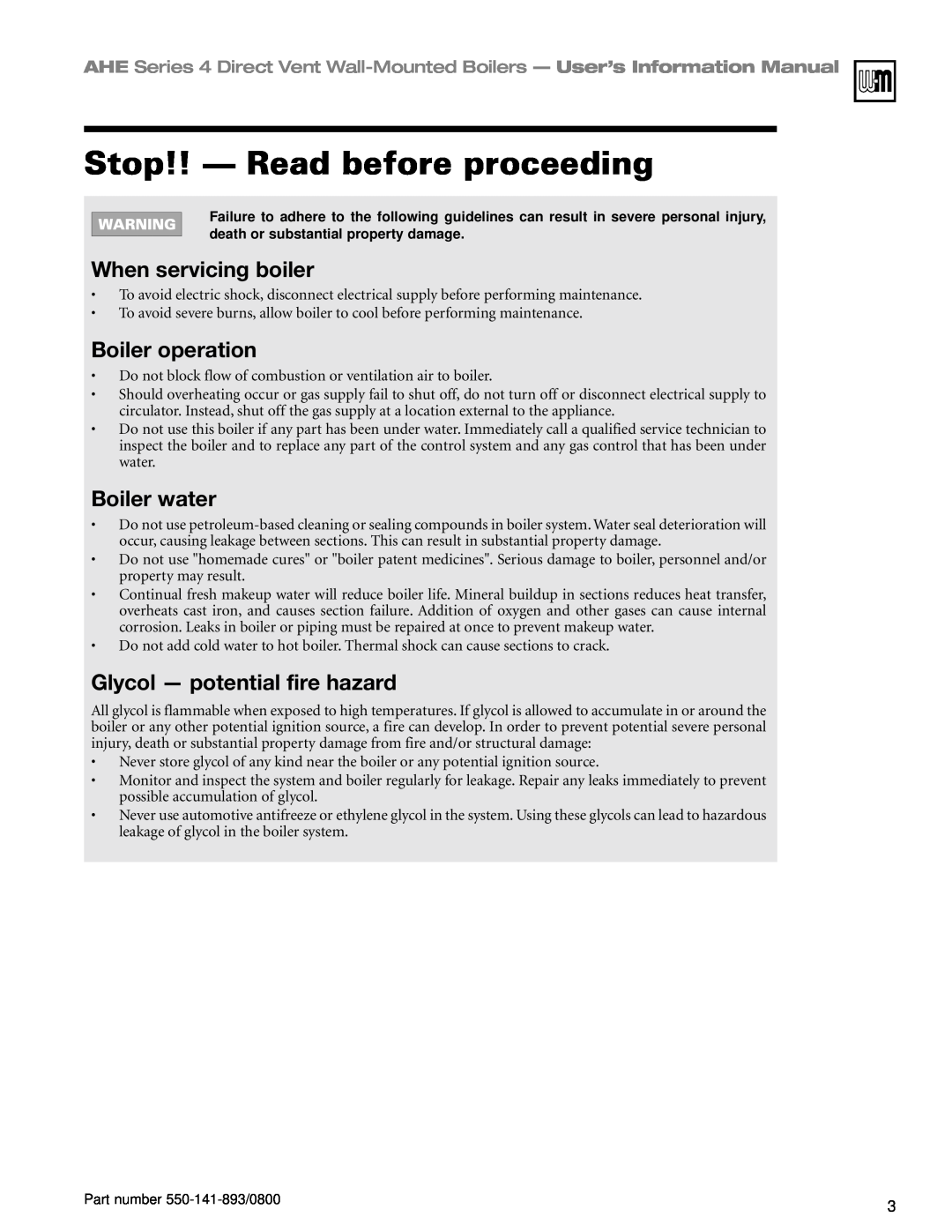 Honeywell Series 4 manual Stop!! - Read before proceeding, When servicing boiler, Boiler operation, Boiler water 