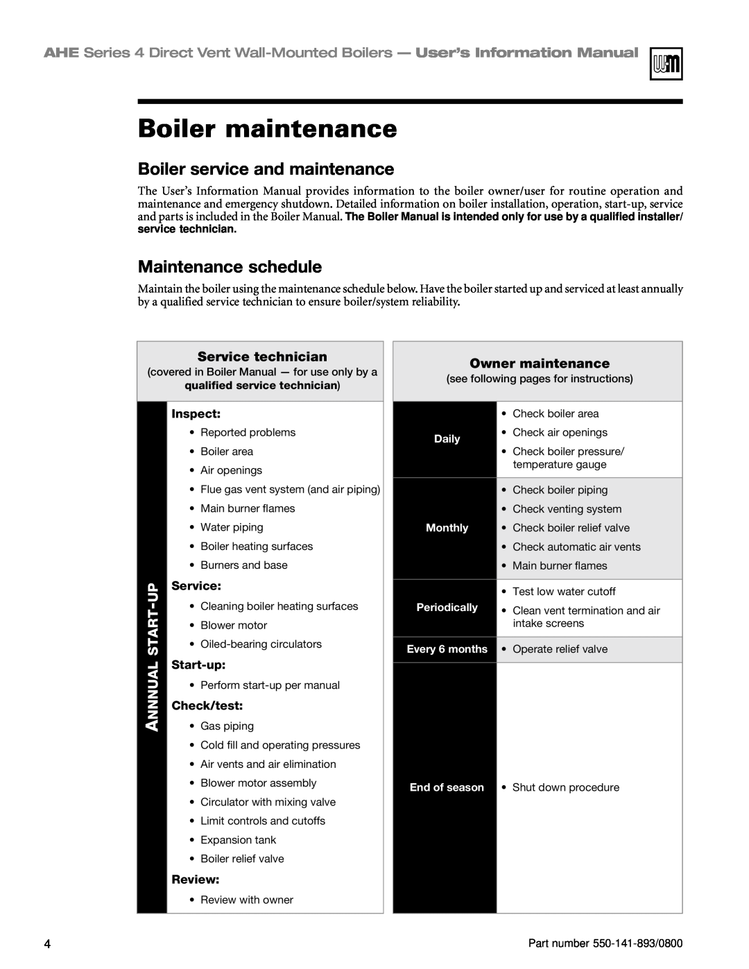 Honeywell Series 4 manual Boiler maintenance, Boiler service and maintenance, Maintenance schedule, Service technician 