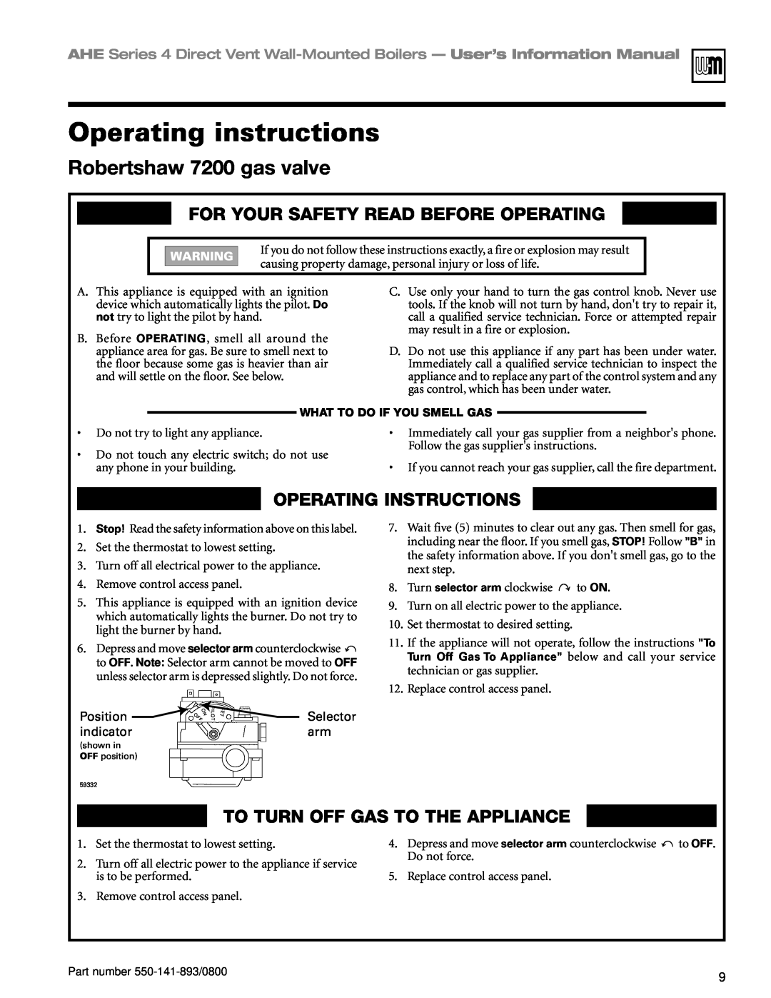 Honeywell Series 4 manual Operating instructions, Robertshaw 7200 gas valve, For Your Safety Read Before Operating 