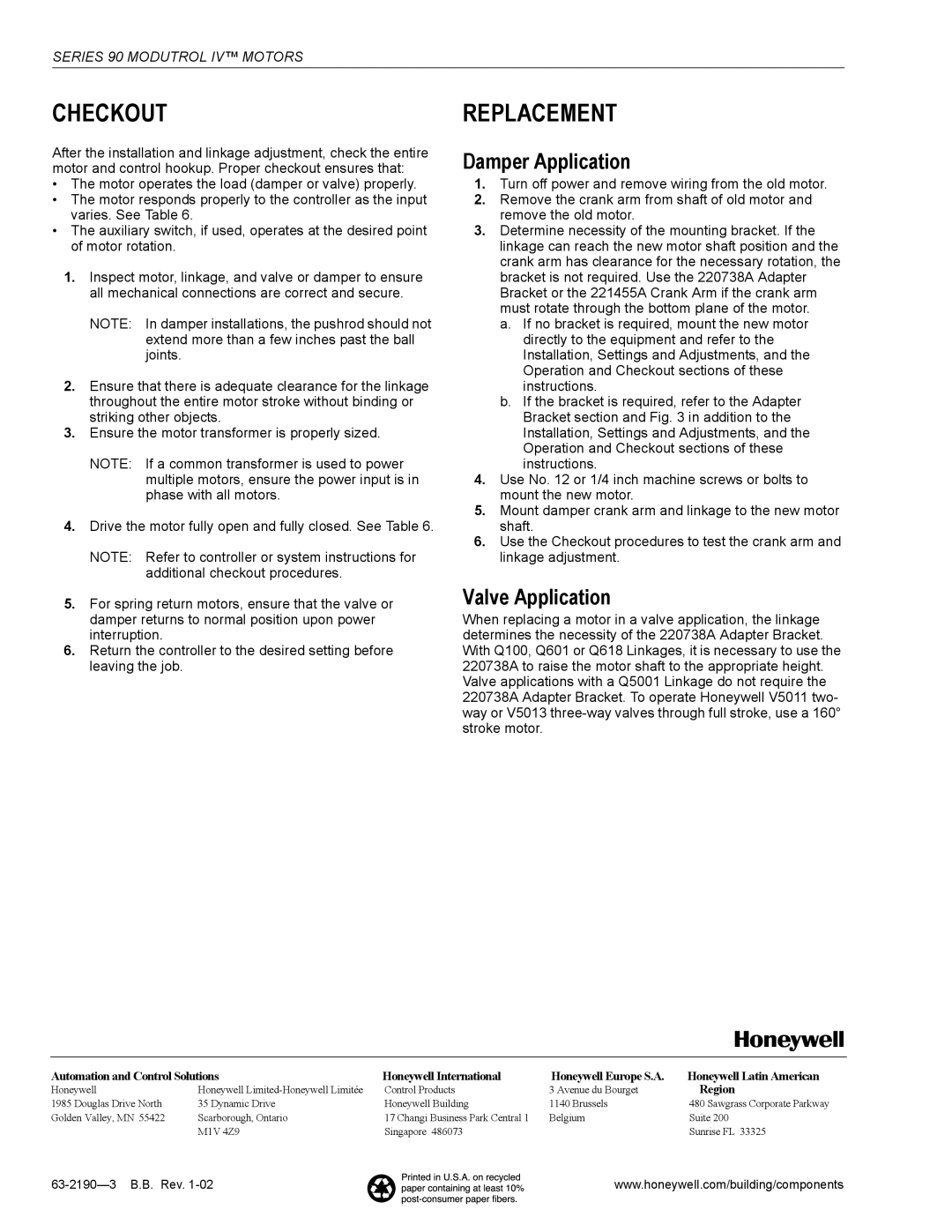 Honeywell Series 90 specifications Checkout, Replacement, Damper Application, Valve Application 