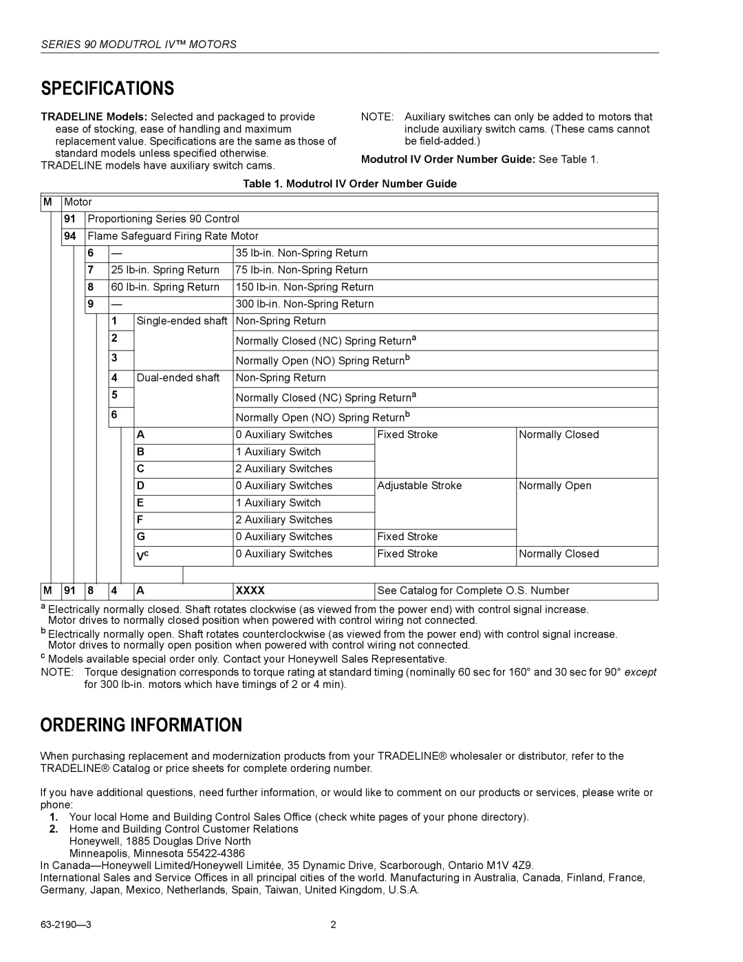 Honeywell Series 90 specifications Specifications, Ordering Information, Modutrol IV Order Number Guide See Table 