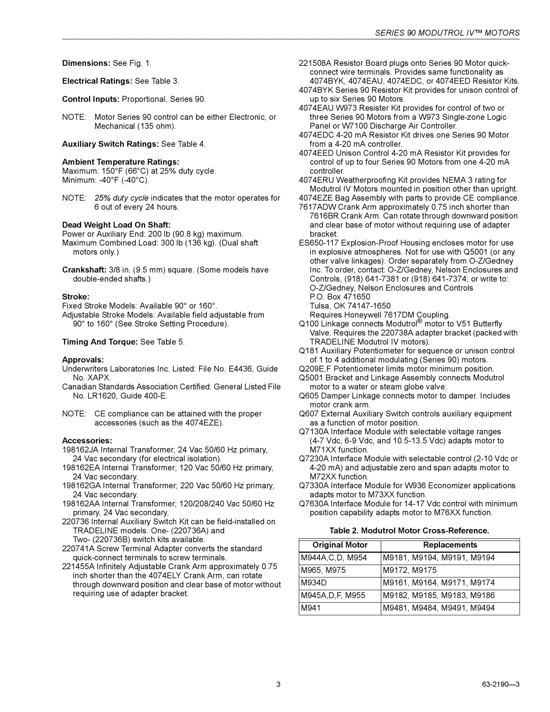 Honeywell Series 90 Dimensions See Fig Electrical Ratings See Table, Dead Weight Load On Shaft, Stroke, Accessories 