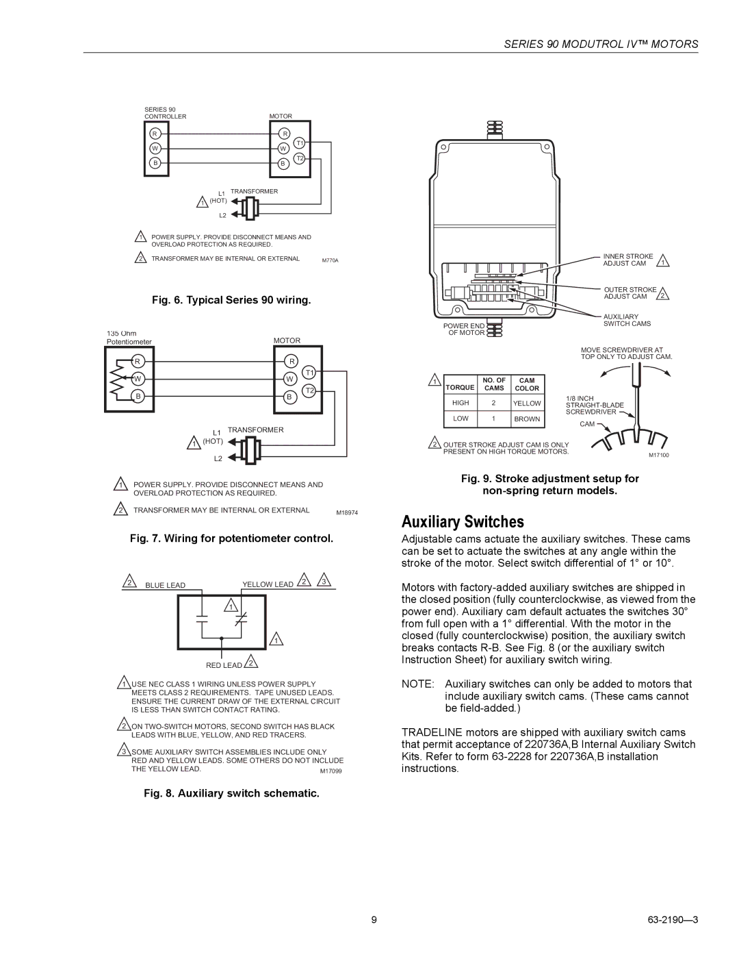 Honeywell specifications Auxiliary Switches, Typical Series 90 wiring 