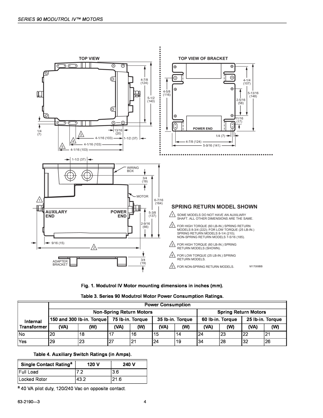 Honeywell Modutrol IV Motor mounting dimensions in inches mm, Series 90 Modutrol Motor Power Consumption Ratings, 43.2 