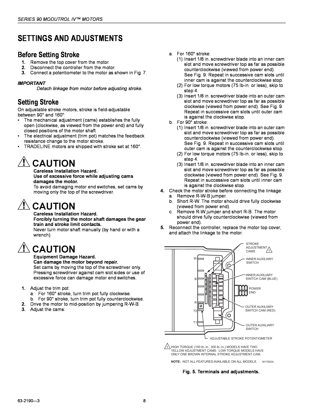 Honeywell Series 90 Settings And Adjustments, Before Setting Stroke, Detach linkage from motor before adjusting stroke 