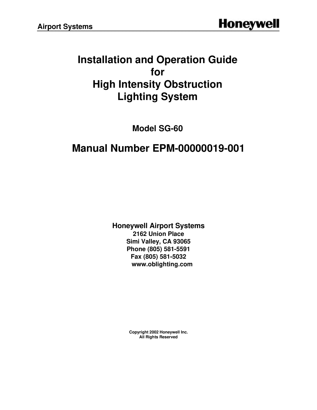 Honeywell SG-60 installation and operation guide Manual Number EPM-00000019-001 