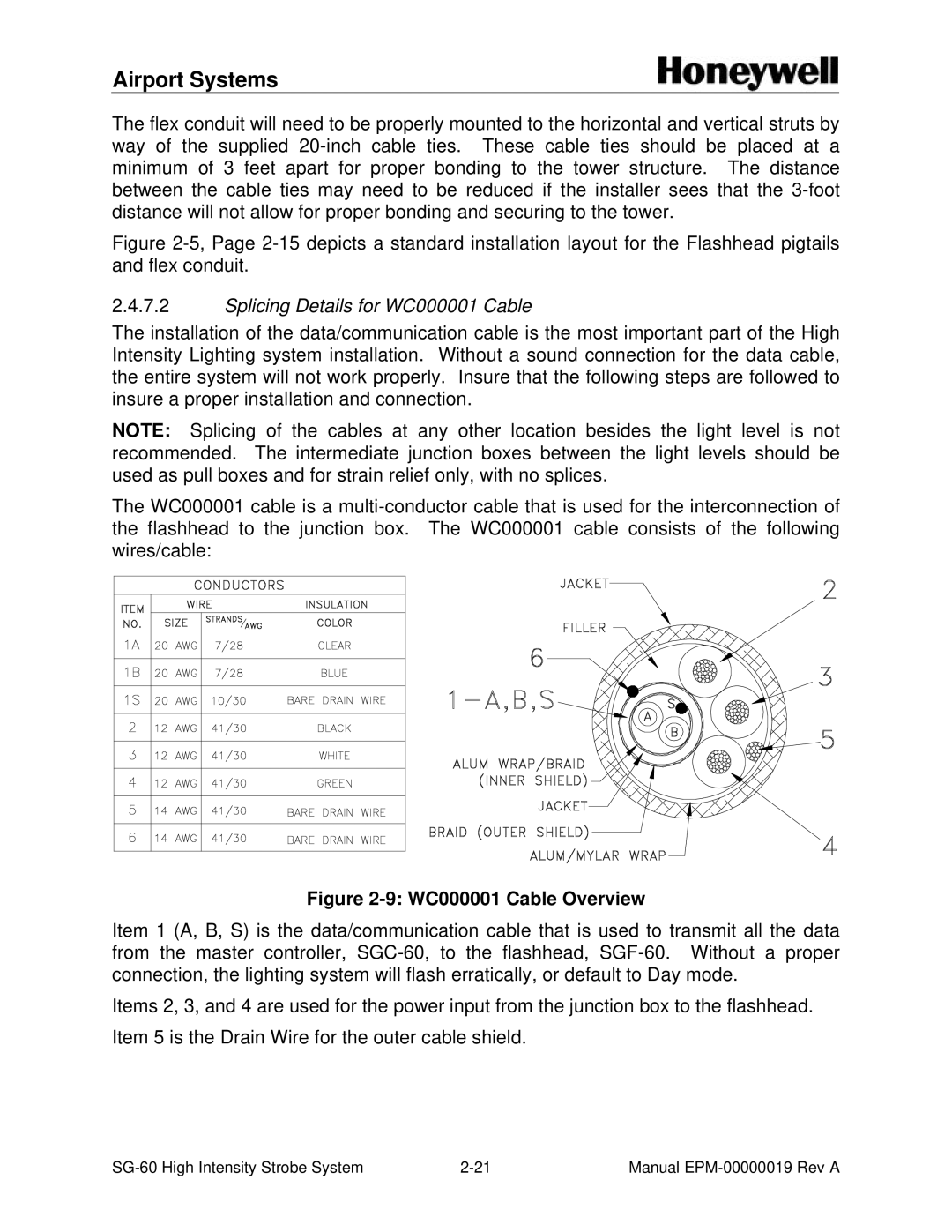 Honeywell SG-60 installation and operation guide Splicing Details for WC000001 Cable, WC000001 Cable Overview 