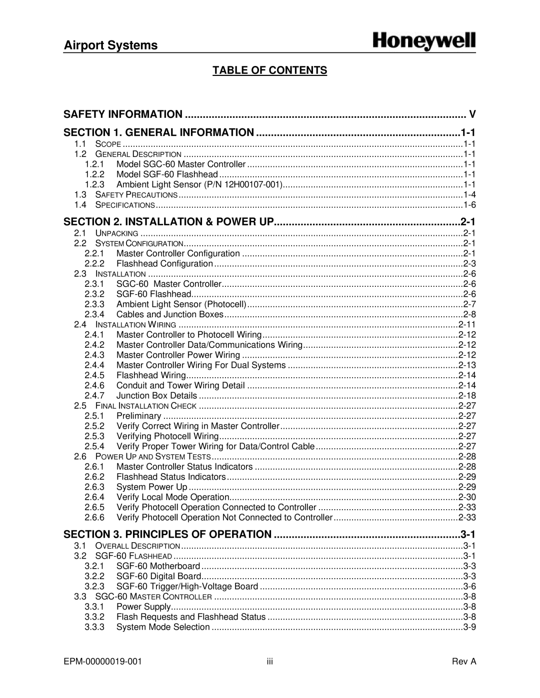 Honeywell SG-60 installation and operation guide Table of Contents 