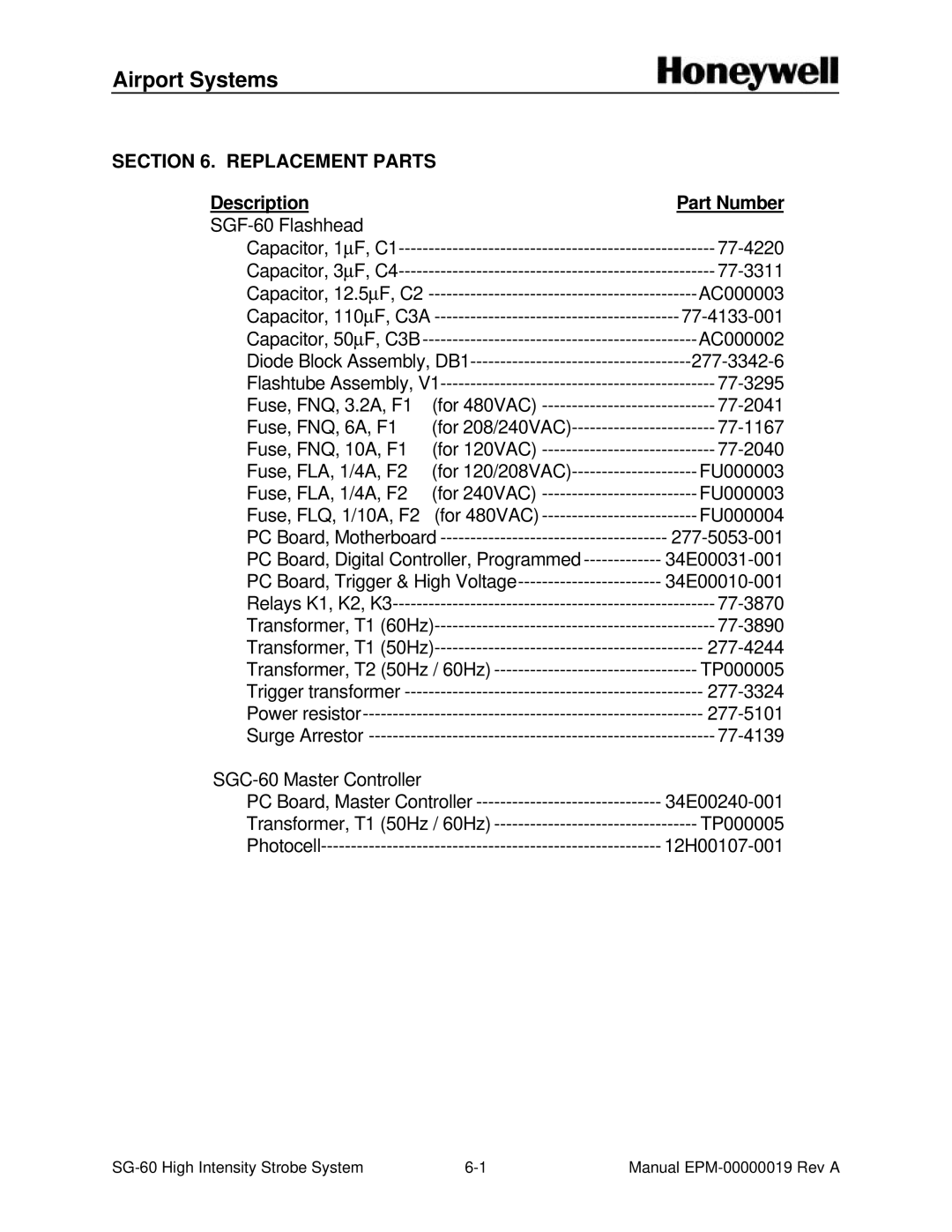 Honeywell SG-60 installation and operation guide Replacement Parts, Description Part Number 