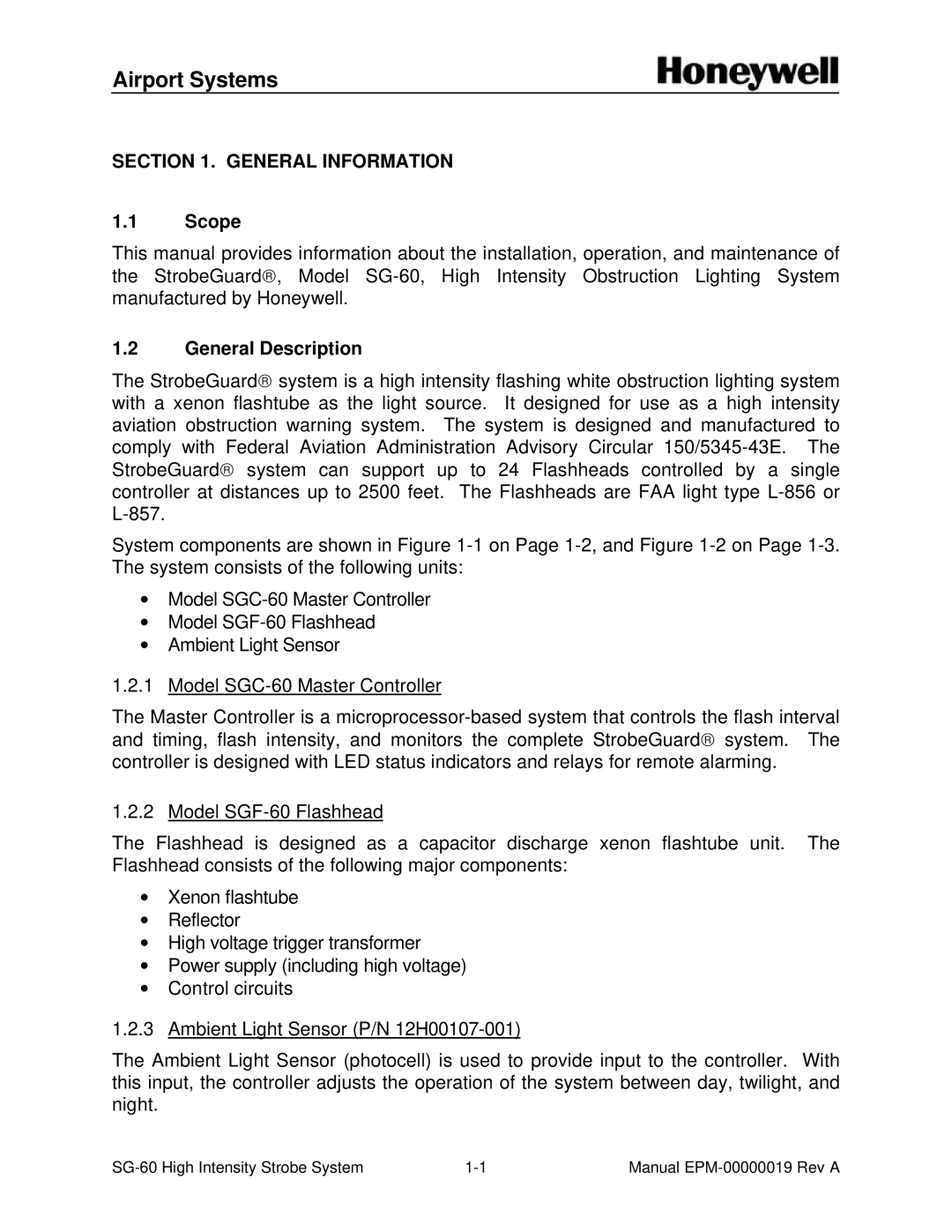 Honeywell SG-60 installation and operation guide Scope, General Description 