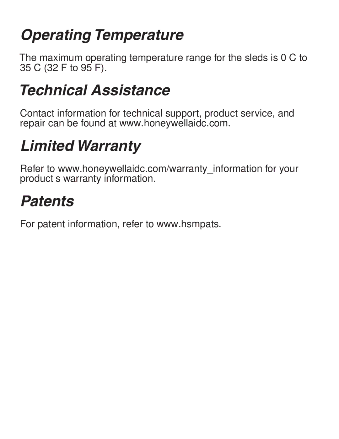 Honeywell SL62 quick start Operating Temperature, Technical Assistance Limited Warranty Patents 