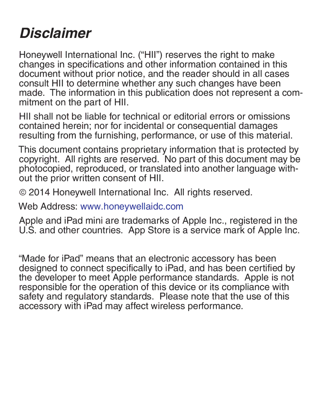 Honeywell SL62 quick start Disclaimer 