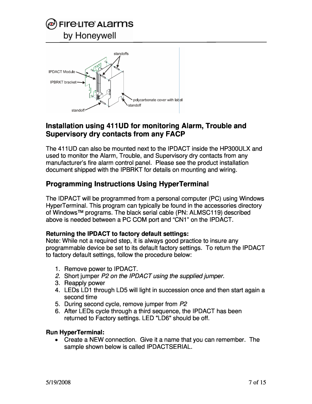 Honeywell Smoke Alarm Programming Instructions Using HyperTerminal, Returning the IPDACT to factory default settings 