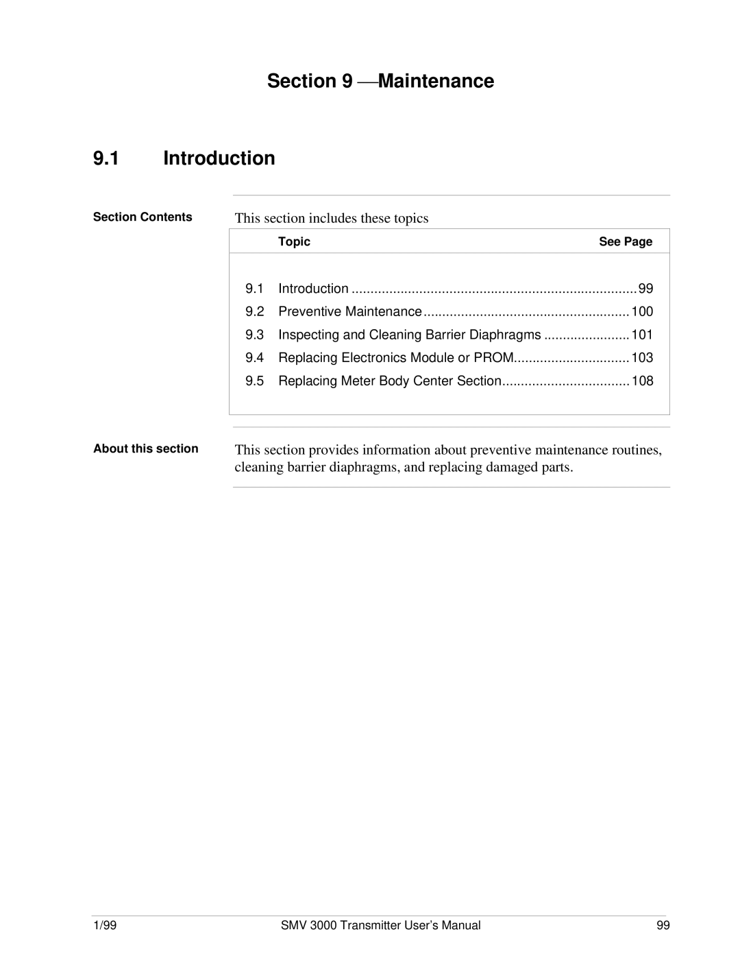 Honeywell SMV 3000 user manual  Maintenance Introduction, Section Contents, Topic See 