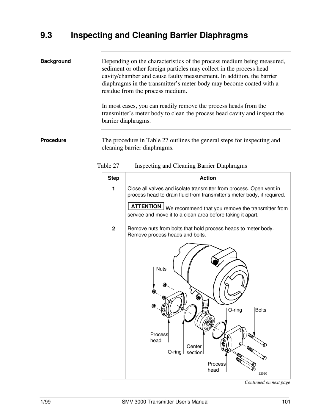 Honeywell SMV 3000 user manual Inspecting and Cleaning Barrier Diaphragms, Background Procedure 