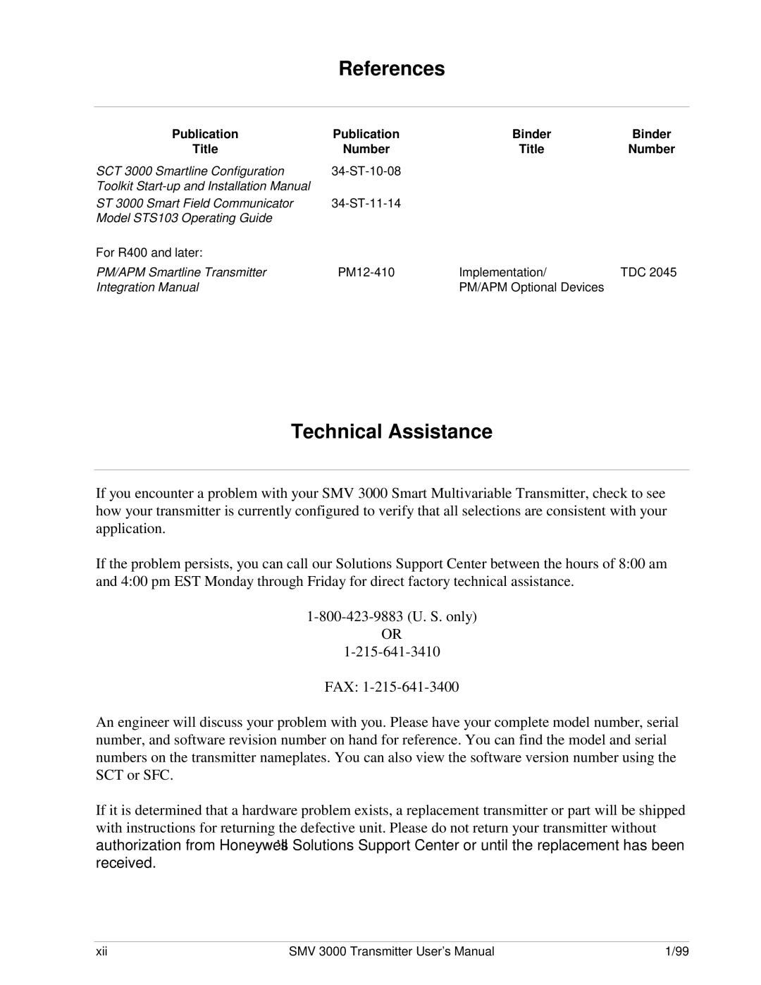 Honeywell SMV 3000 user manual References, Technical Assistance 