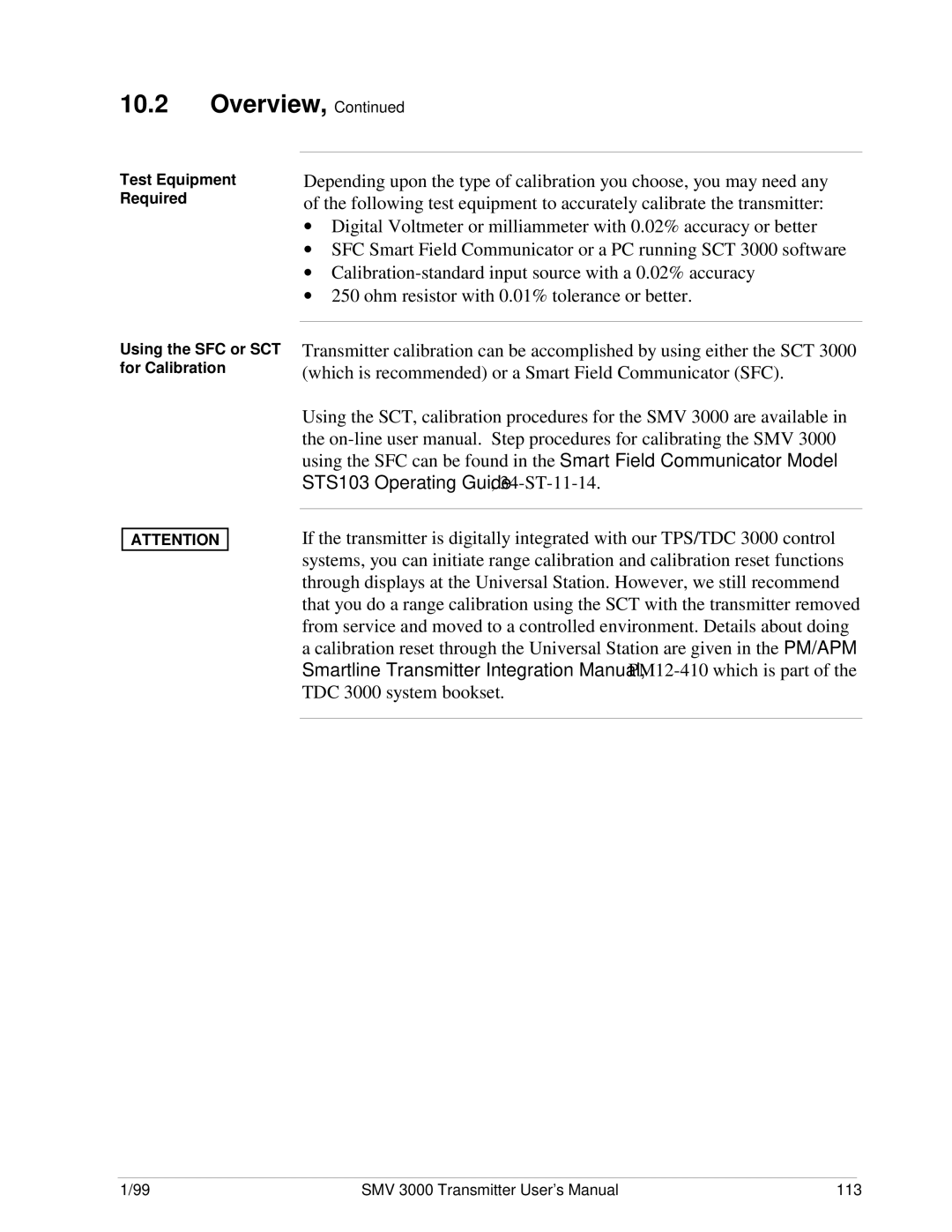 Honeywell SMV 3000 user manual Test Equipment Required, Using the SFC or SCT for Calibration 