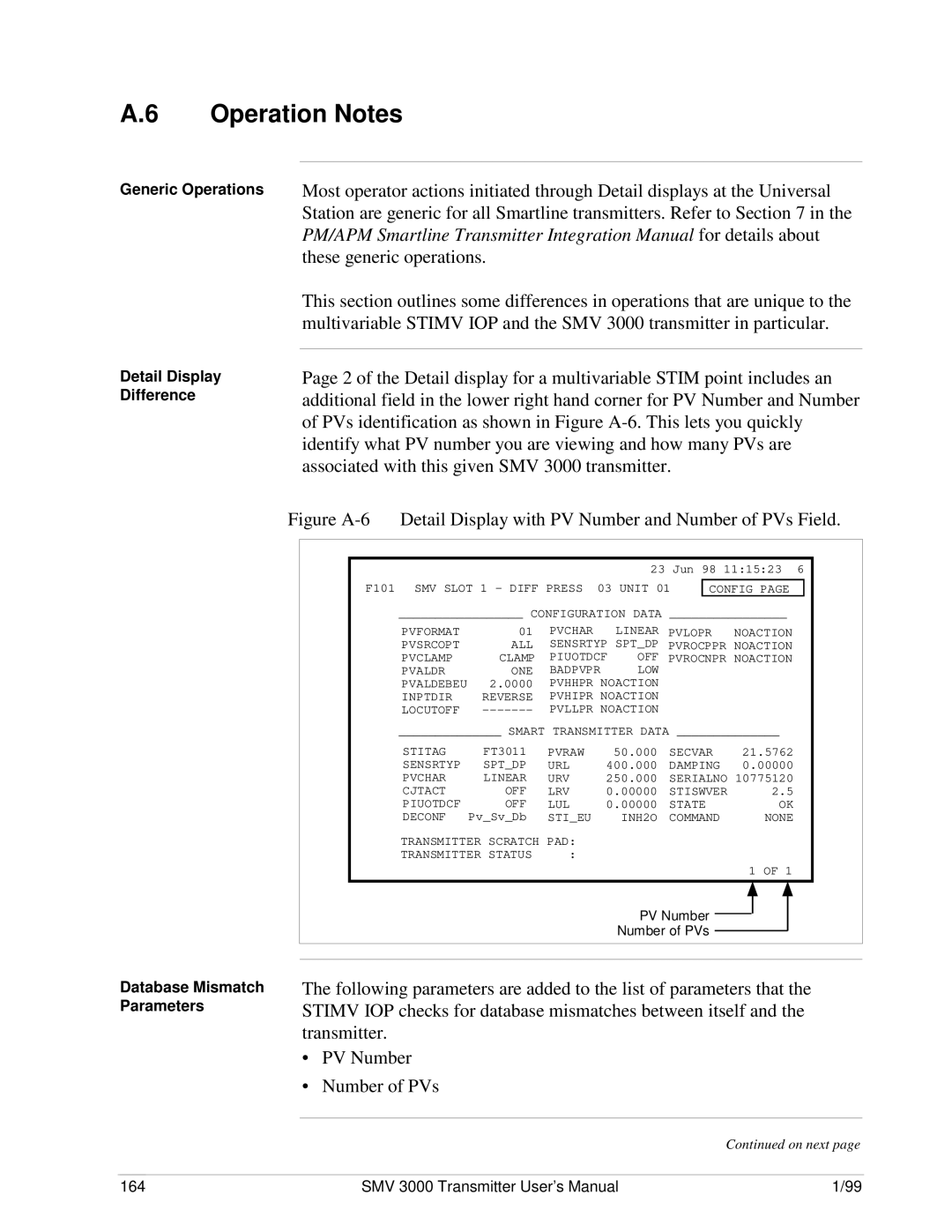 Honeywell SMV 3000 user manual Operation Notes, Generic Operations Detail Display Difference, Database Mismatch Parameters 