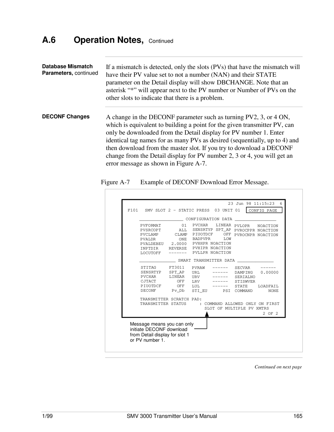 Honeywell SMV 3000 user manual Figure A-7 Example of Deconf Download Error Message, Deconf Changes 