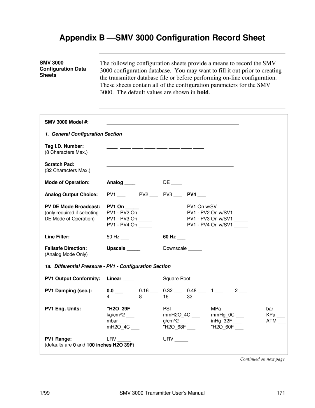 Honeywell user manual Appendix B  SMV 3000 Configuration Record Sheet 