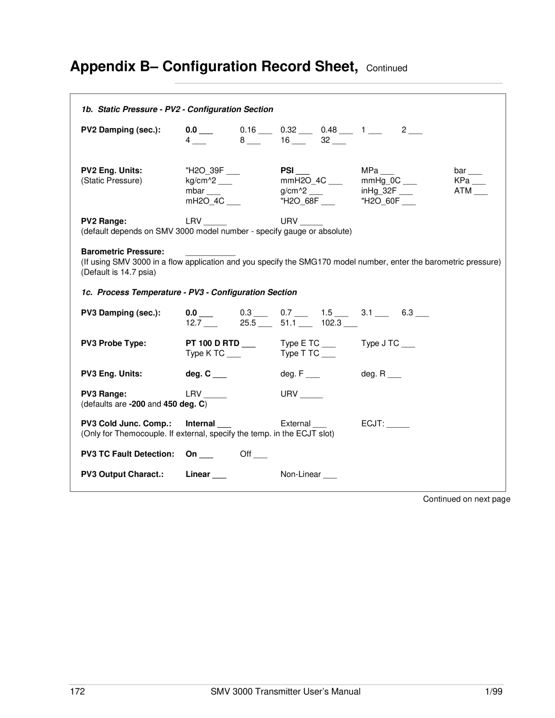 Honeywell SMV 3000 user manual Appendix B- Configuration Record Sheet, 1b. Static Pressure PV2 Configuration Section 