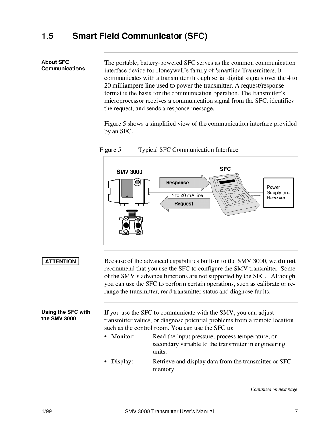 Honeywell SMV 3000 user manual Smart Field Communicator SFC, About SFC Communications, Using the SFC with the SMV 