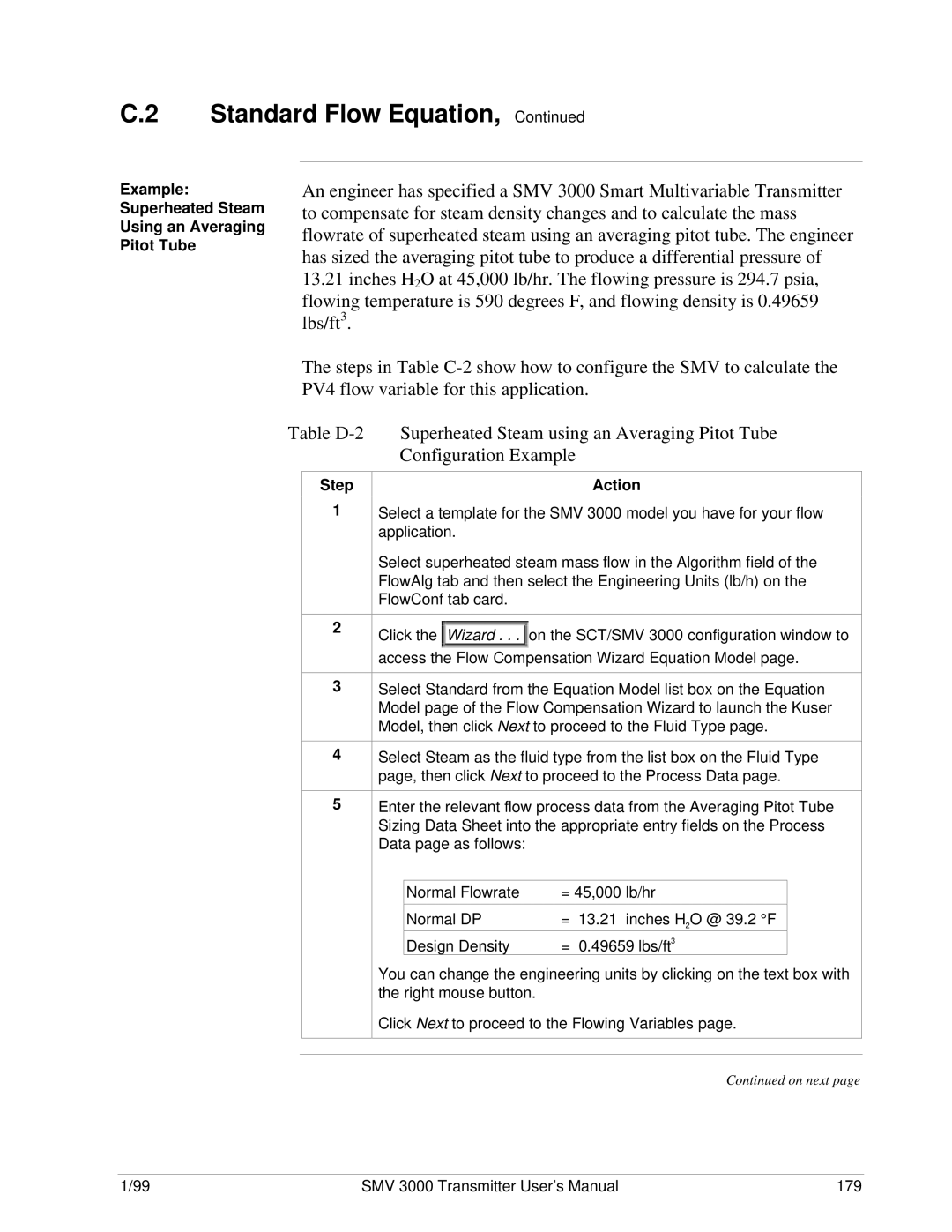 Honeywell SMV 3000 user manual Example Superheated Steam Using an Averaging Pitot Tube 