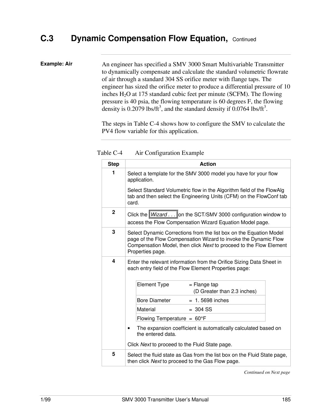 Honeywell SMV 3000 user manual Table C-4 Air Configuration Example, Example Air 