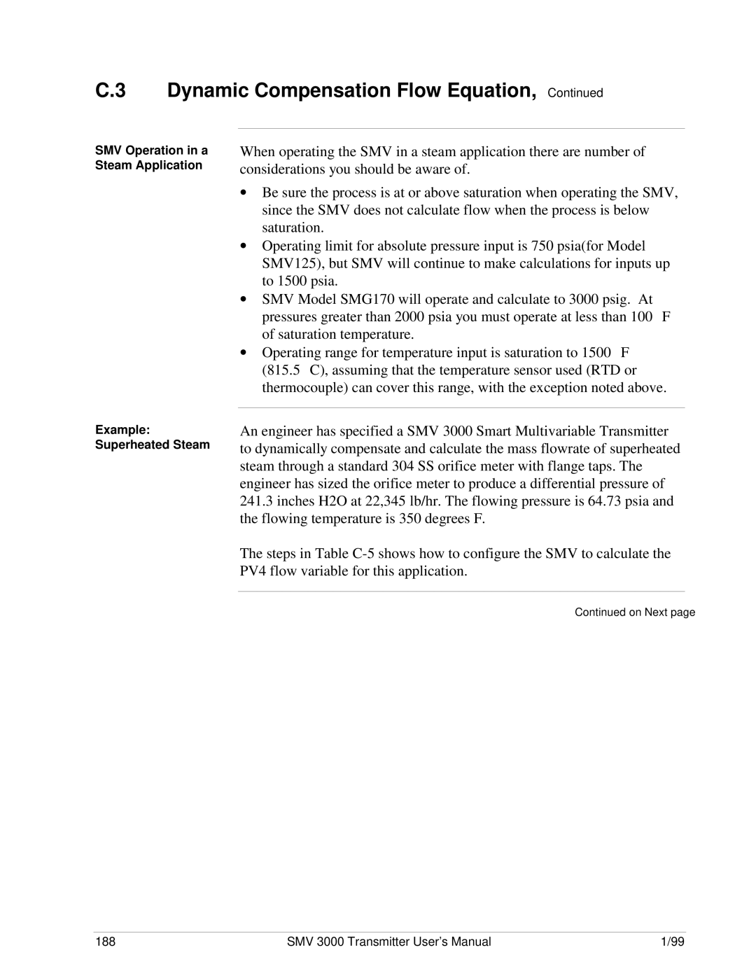 Honeywell SMV 3000 user manual SMV Operation in a Steam Application, Example Superheated Steam 