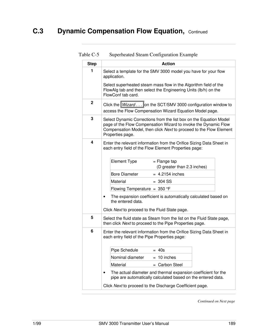 Honeywell SMV 3000 user manual Table C-5 Superheated Steam Configuration Example 