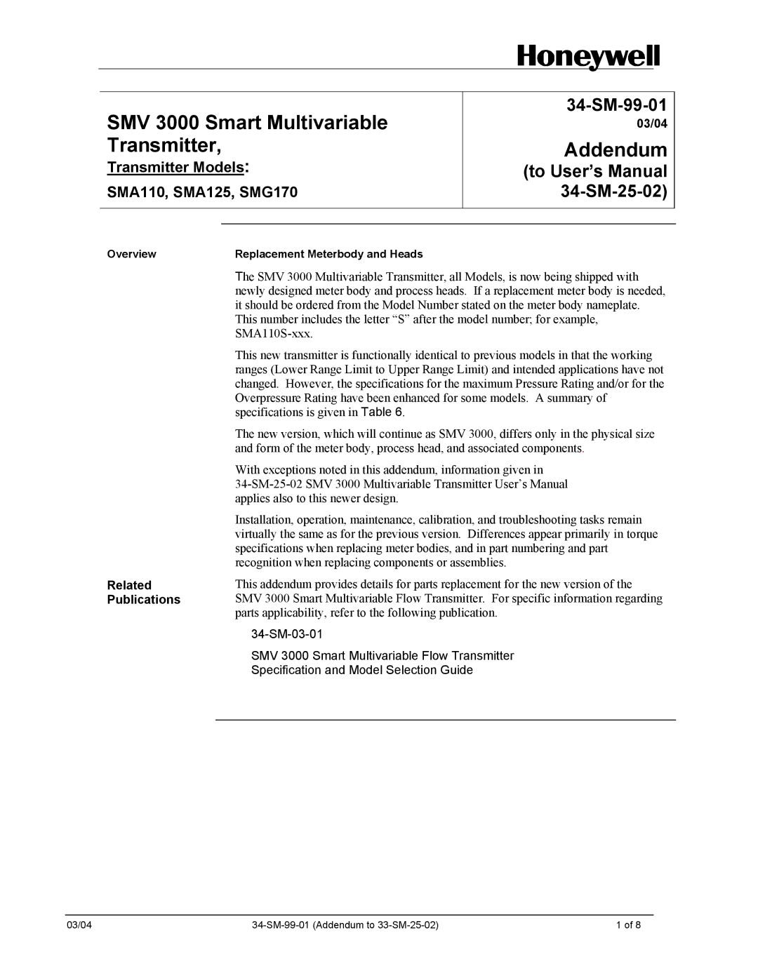 Honeywell user manual SMV 3000 Smart Multivariable Transmitter 