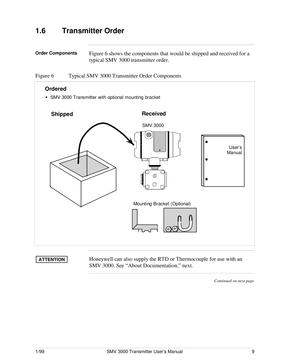 Honeywell SMV 3000 user manual Transmitter Order, Order Components 