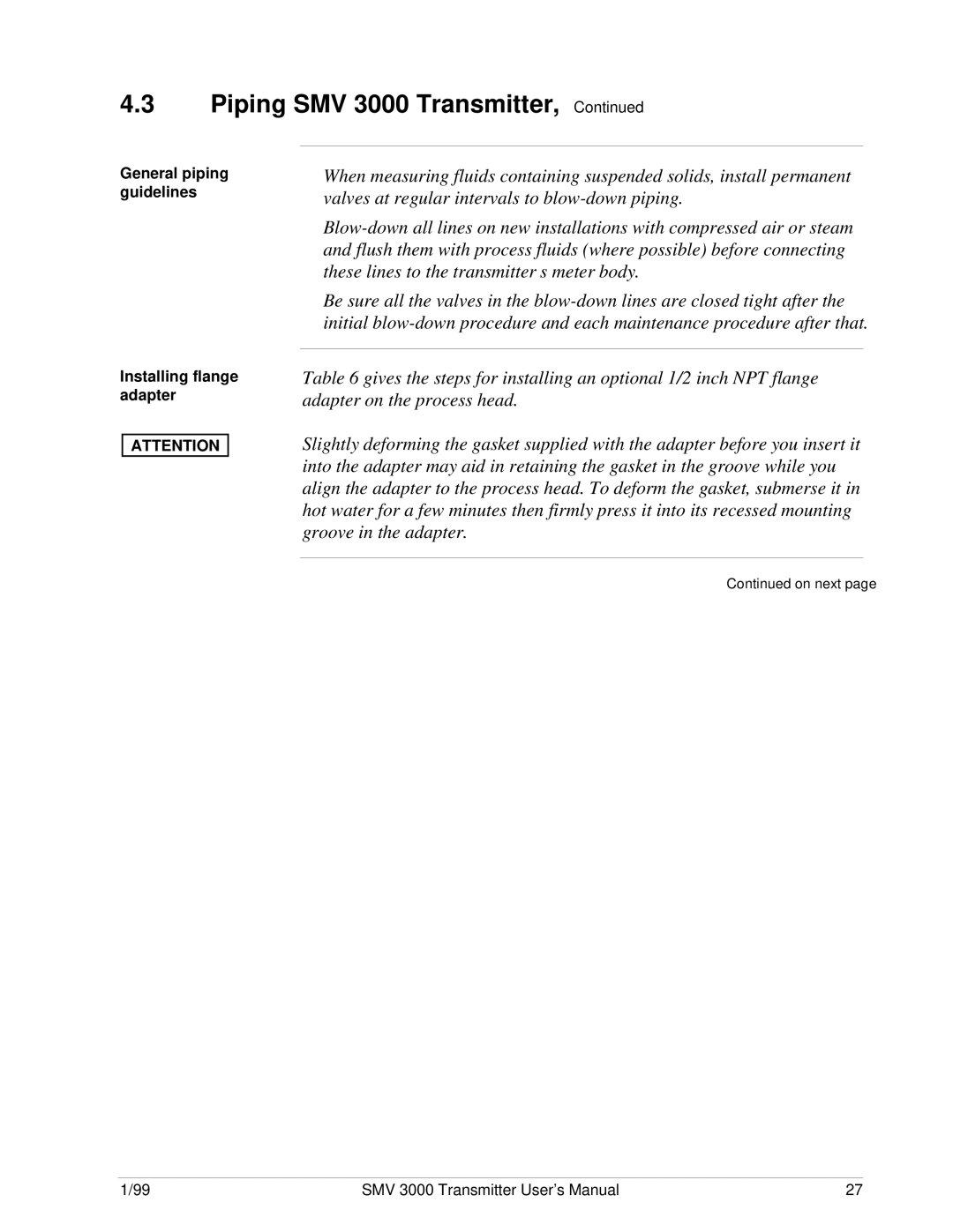 Honeywell SMV 3000 user manual General piping guidelines Installing flange adapter 