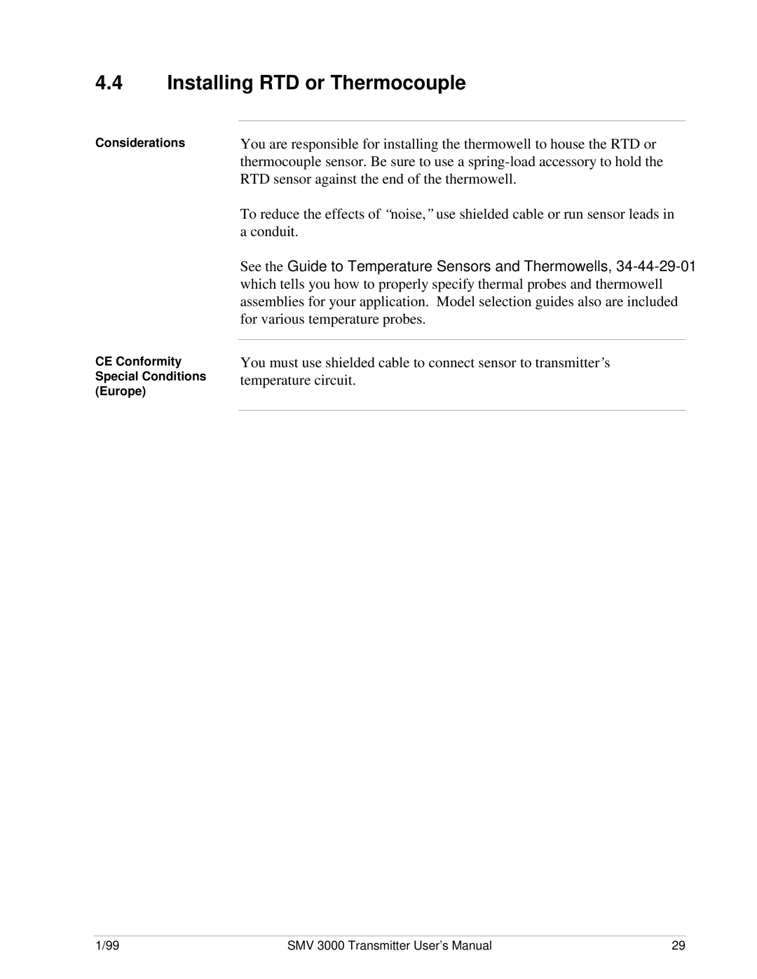 Honeywell SMV 3000 user manual Installing RTD or Thermocouple, Considerations CE Conformity Special Conditions Europe 