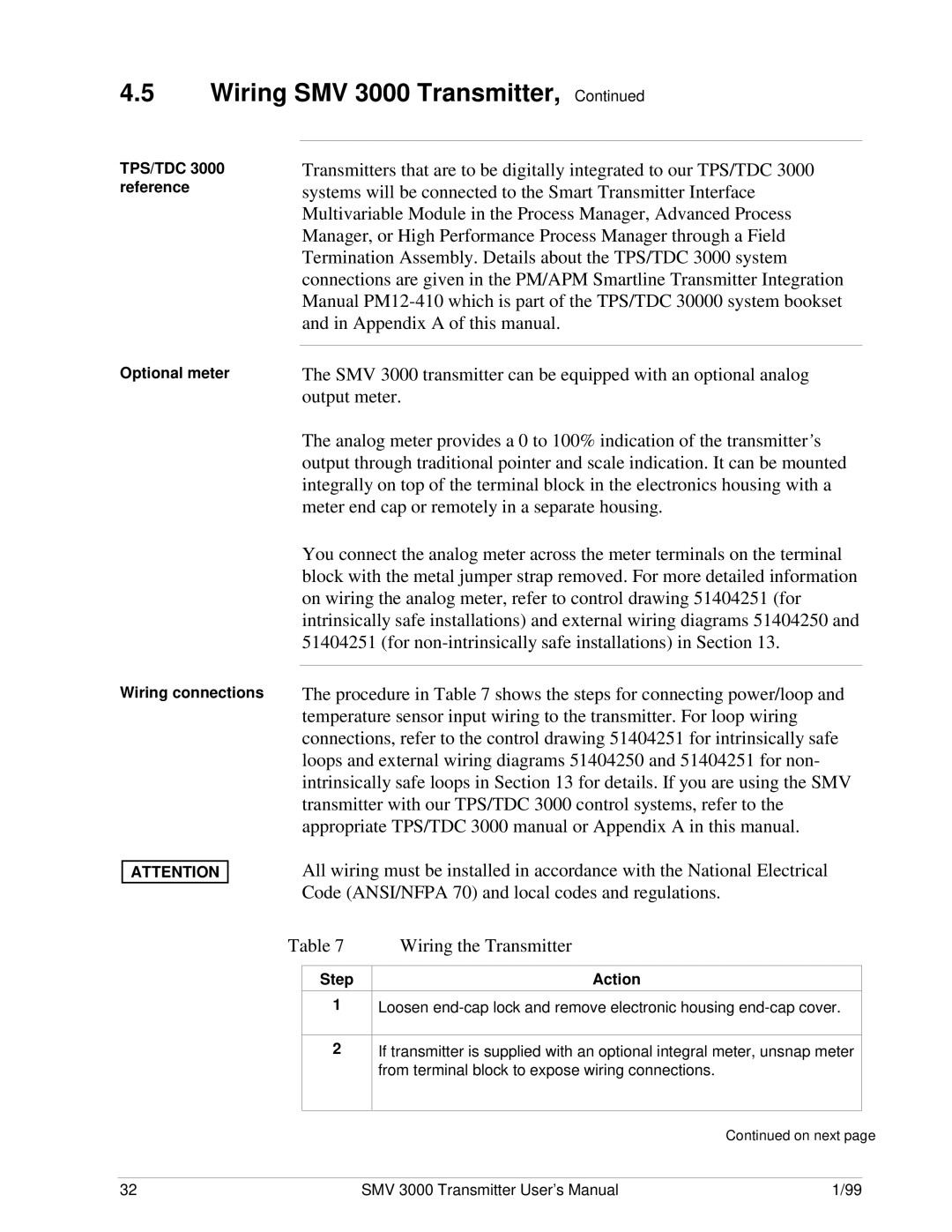 Honeywell SMV 3000 user manual TPS/TDC 3000 reference, Optional meter Wiring connections 