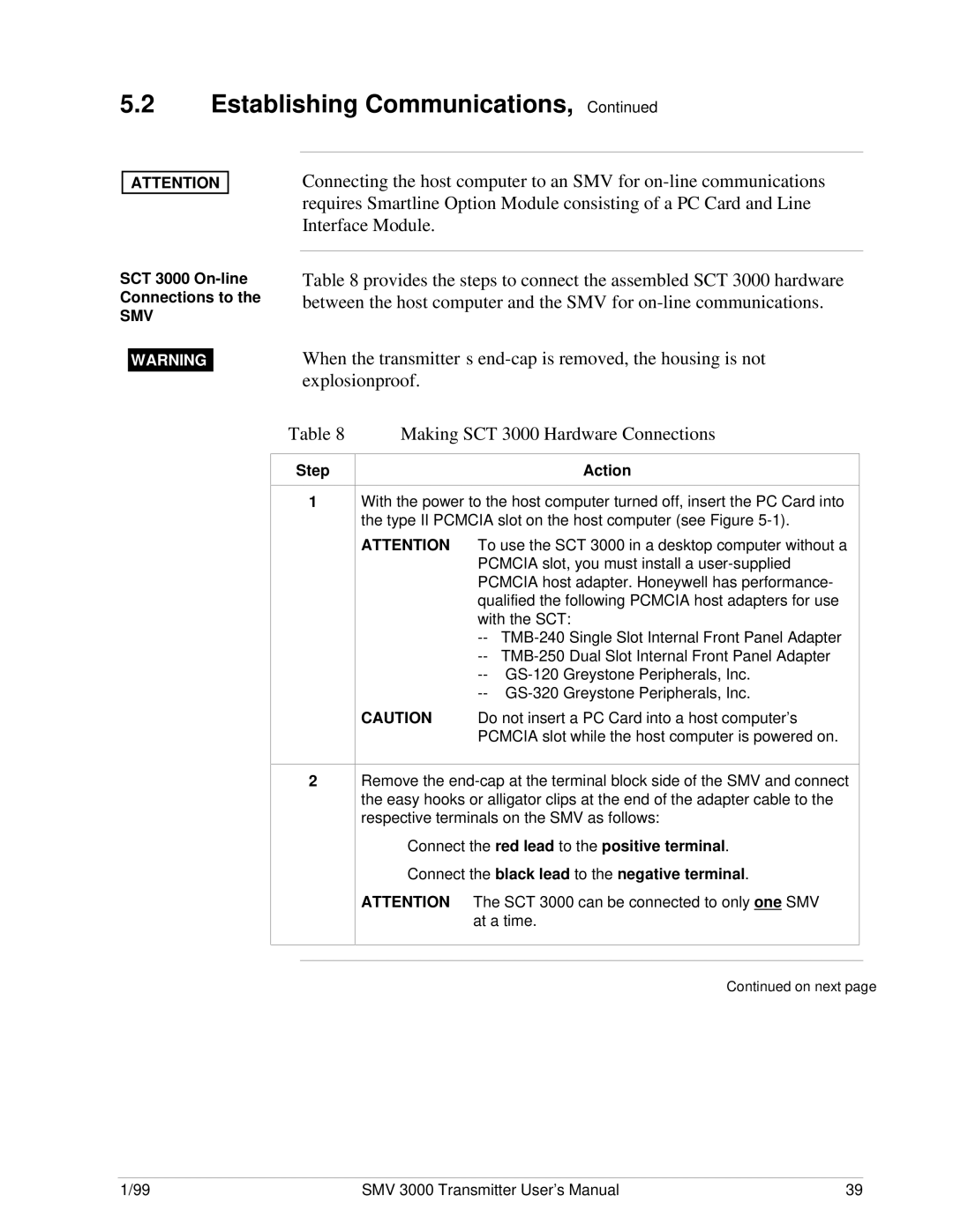 Honeywell SMV 3000 user manual SCT 3000 On-line Connections to, Step Action 