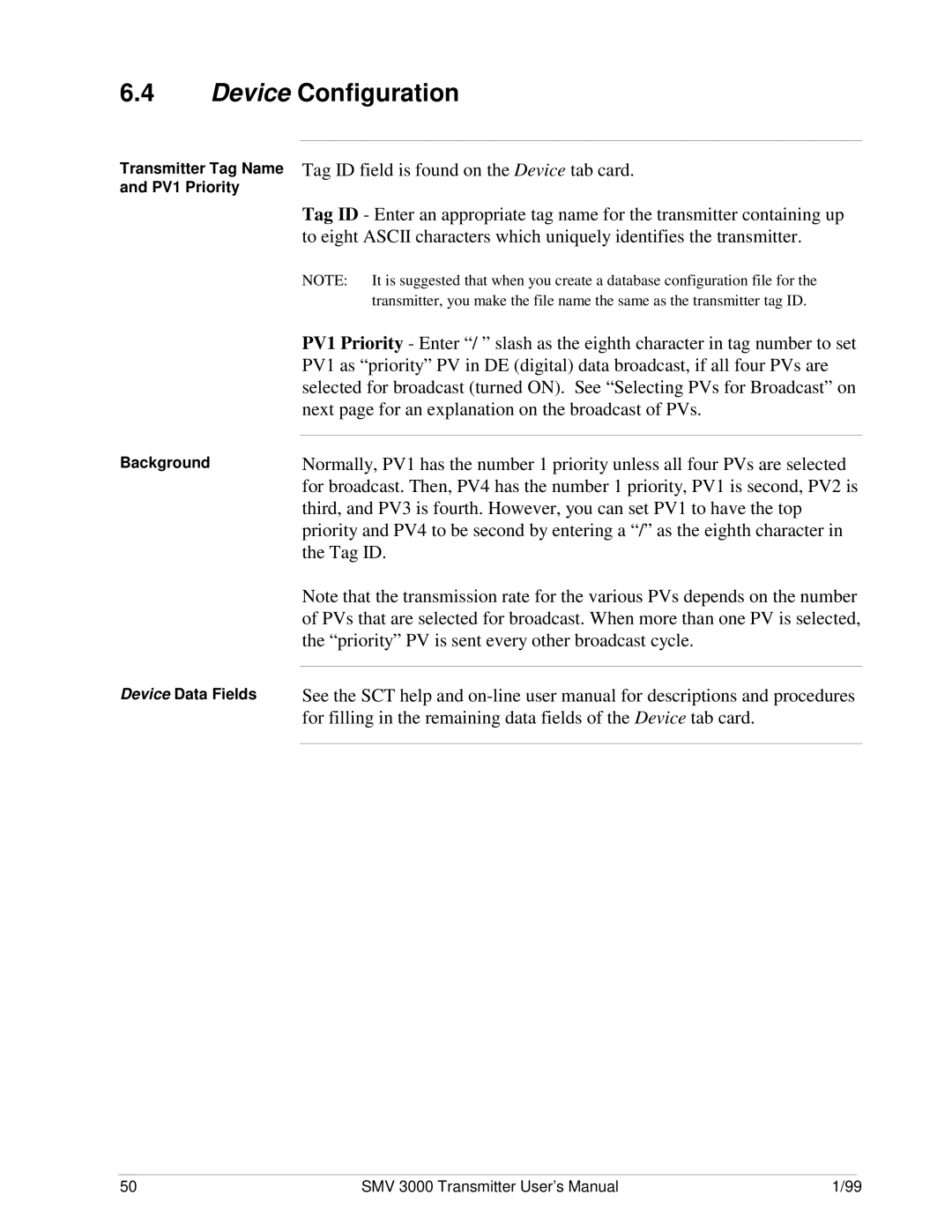 Honeywell SMV 3000 user manual Device Configuration, PV1 Priority, Background Device Data Fields 