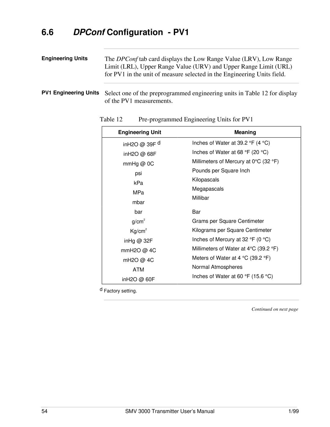 Honeywell SMV 3000 user manual DPConf Configuration PV1, Engineering Units, Meaning 