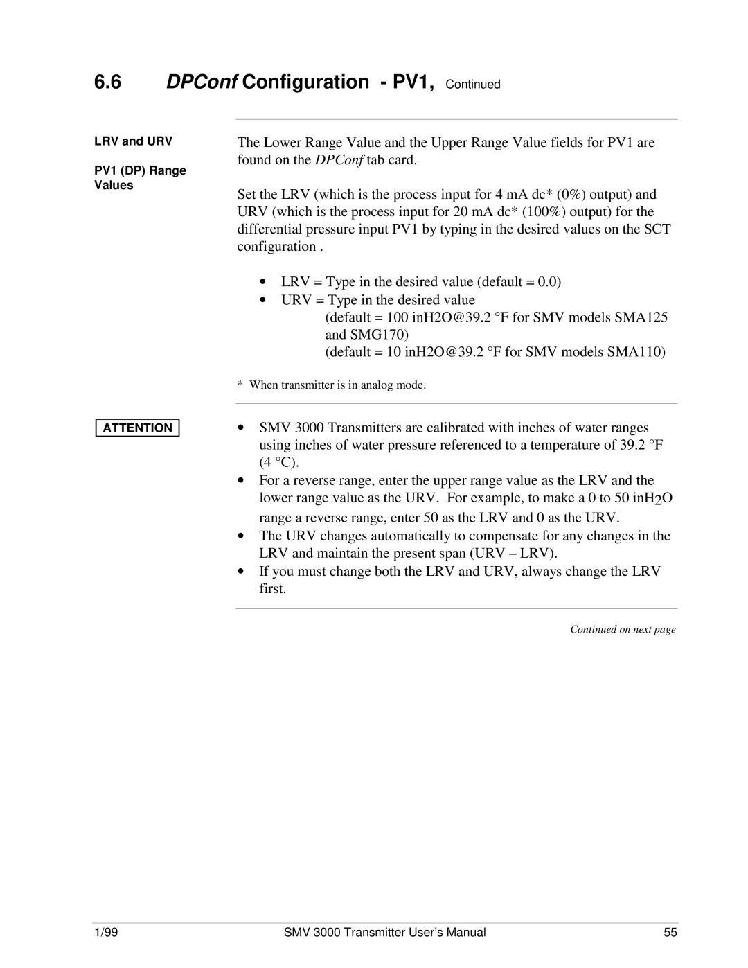 Honeywell SMV 3000 user manual LRV and URV PV1 DP Range Values 