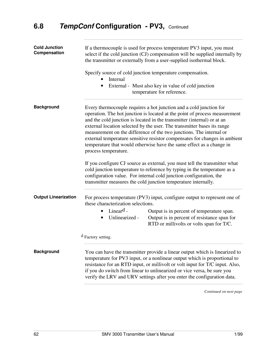 Honeywell SMV 3000 user manual Cold Junction Compensation Background Output Linearization 