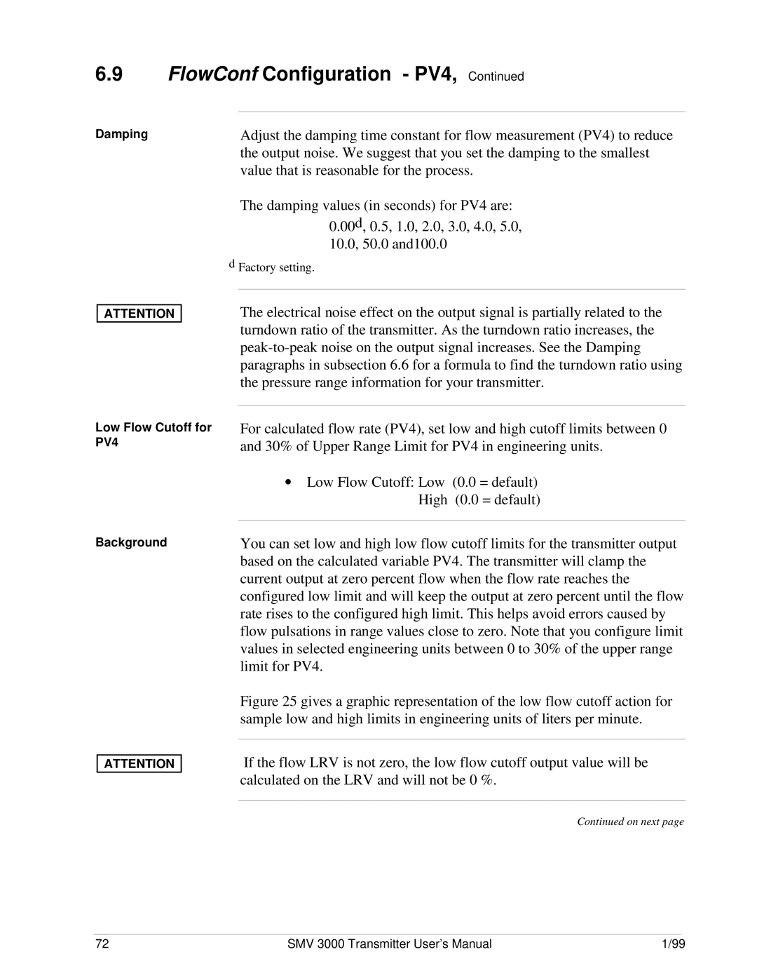 Honeywell SMV 3000 user manual Damping, Low Flow Cutoff for PV4 