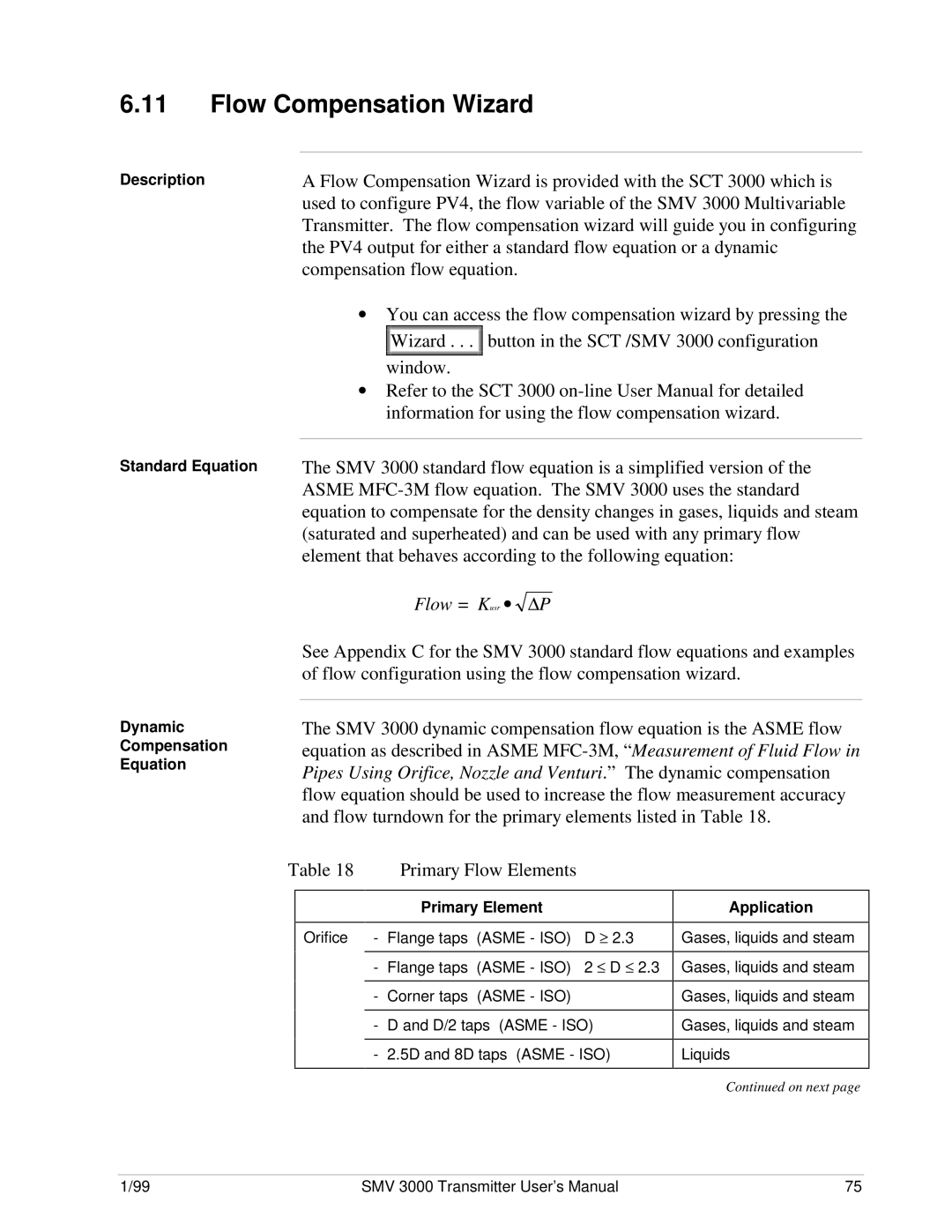 Honeywell SMV 3000 Flow Compensation Wizard, Description Standard Equation, Dynamic Compensation Equation, Primary Element 